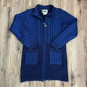 Aran Crafts Merino Wool Cable Knit Long Zip Up Sweater Women’s XXS Navy & Black